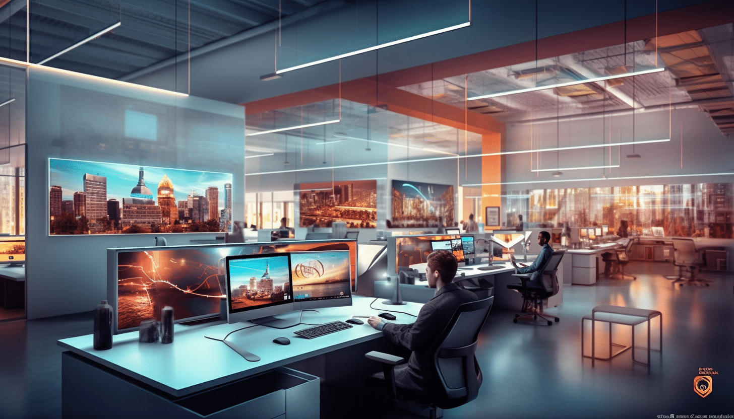 Futuristic office where computer AI prompt engineers are hard at work.