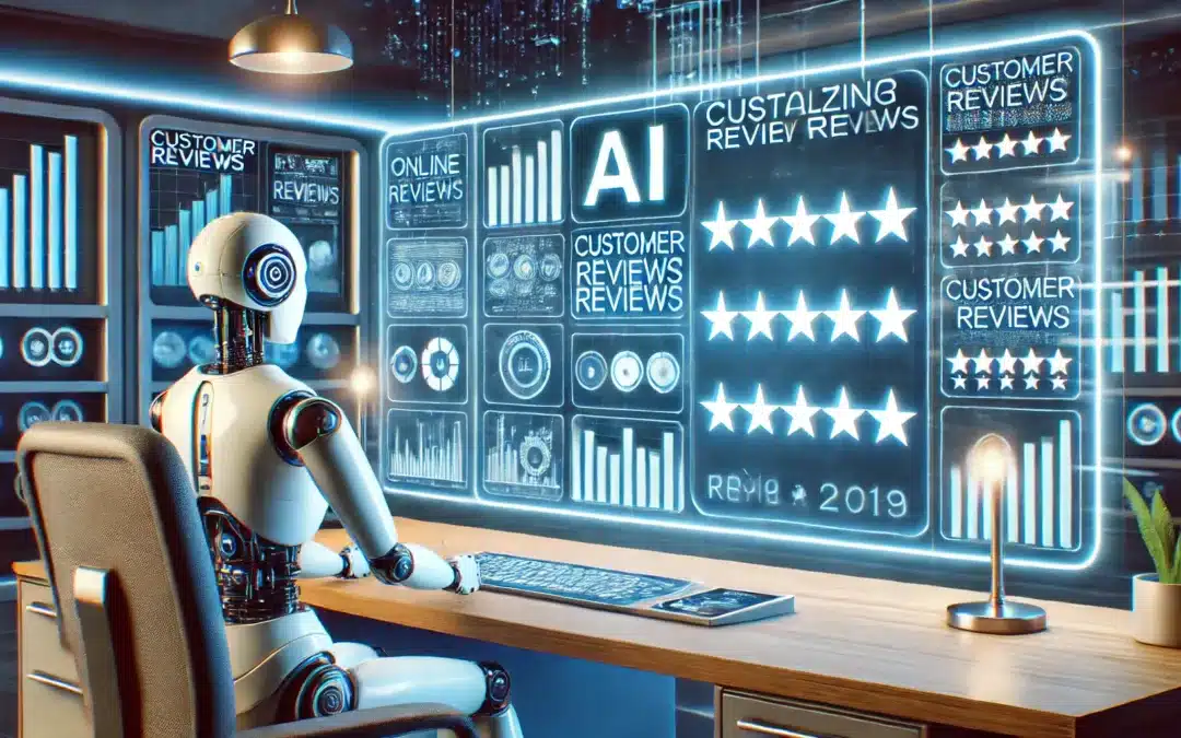 AI in online review management: A futuristic scene showing an AI robot interacting with a large screen displaying customer reviews.