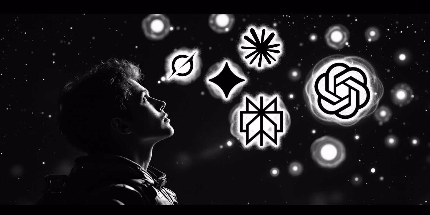A retro-futuristic space traveler looking up at multiple glowing thought bubbles, set in a monochrome sci-fi environment with film noir lighting. Bubbles are containing AI tool logos.