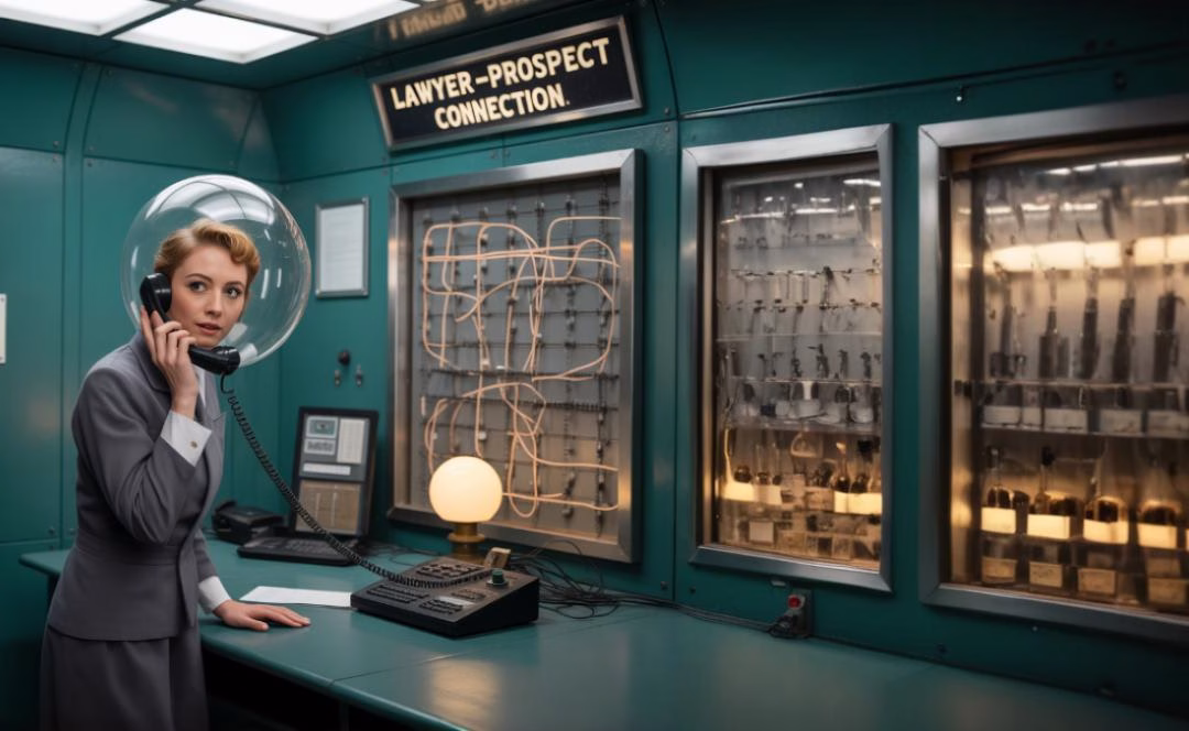 A 1950s control room with a space-suited operator patching calls through glowing wires labeled “Lawyer-Prospect Connection