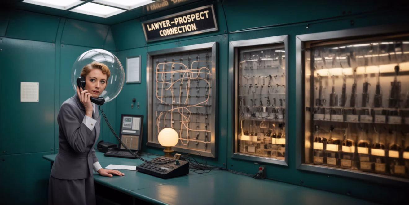 A 1950s control room with a space-suited operator patching calls through glowing wires labeled “Lawyer-Prospect Connection