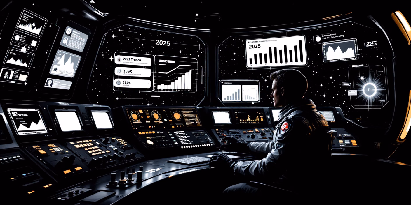 A 1960s space-suited marketer adjusts dials while holograms display graphs labeled “2025 Marketing Trends.