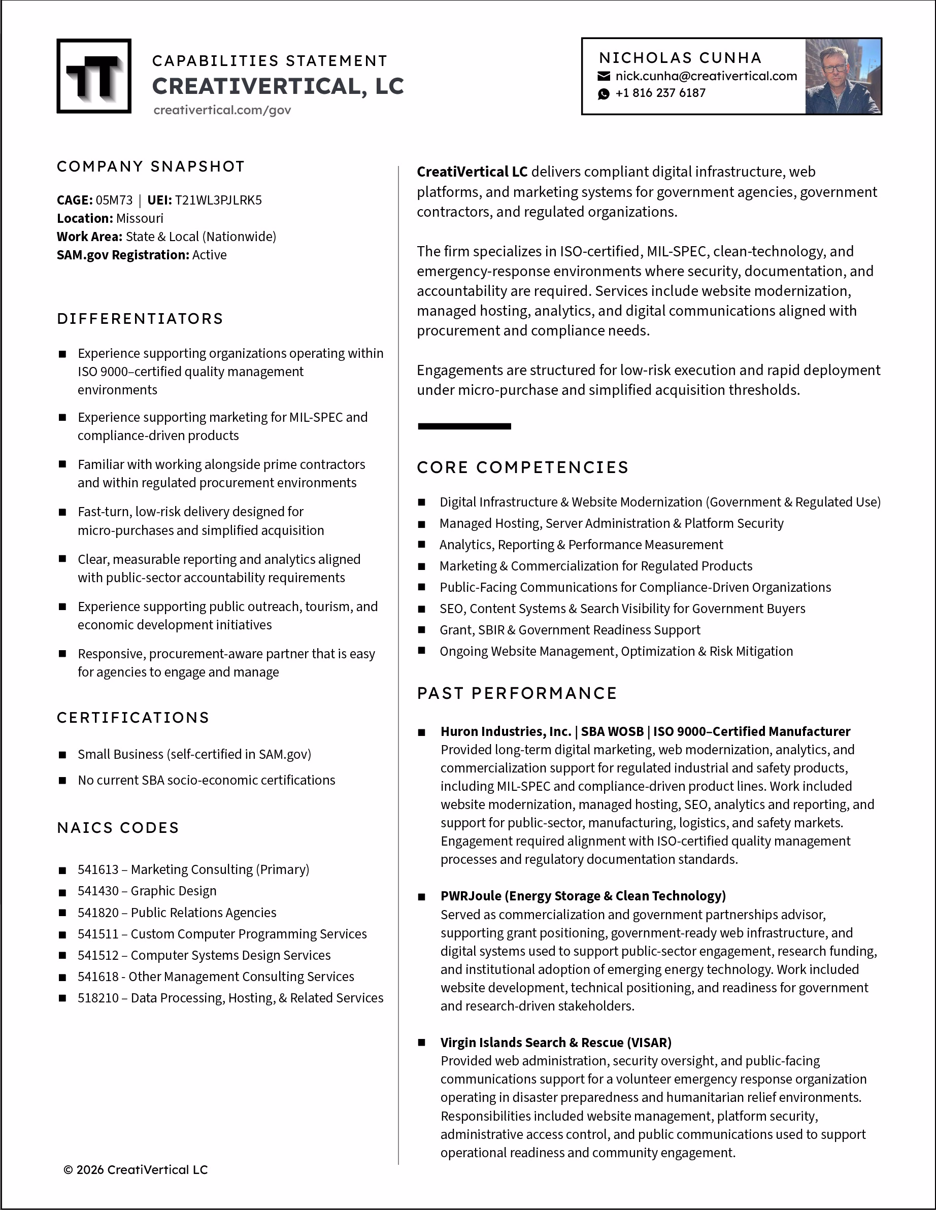 CreatiVertical LC government capability statement outlining digital marketing, web modernization, NAICS codes, and past performance